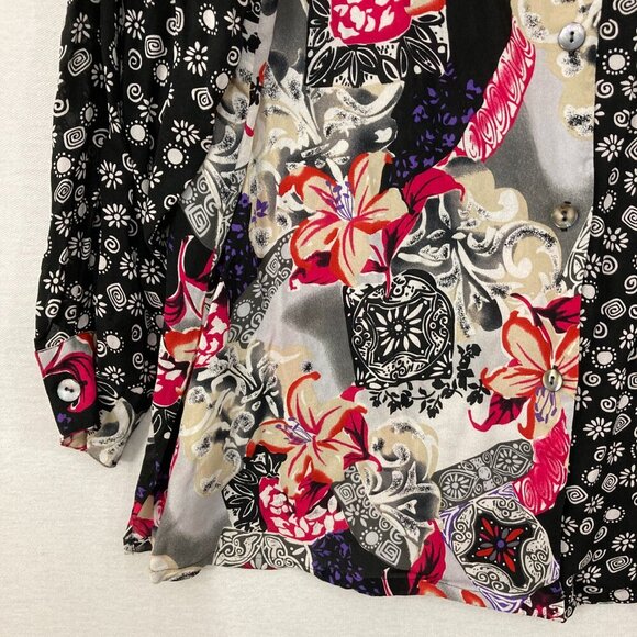 KOOS Of Course! Black Pink Floral Pure Silk Artsy BloomCore Button Down Tunic 1X - Picture 9 of 11